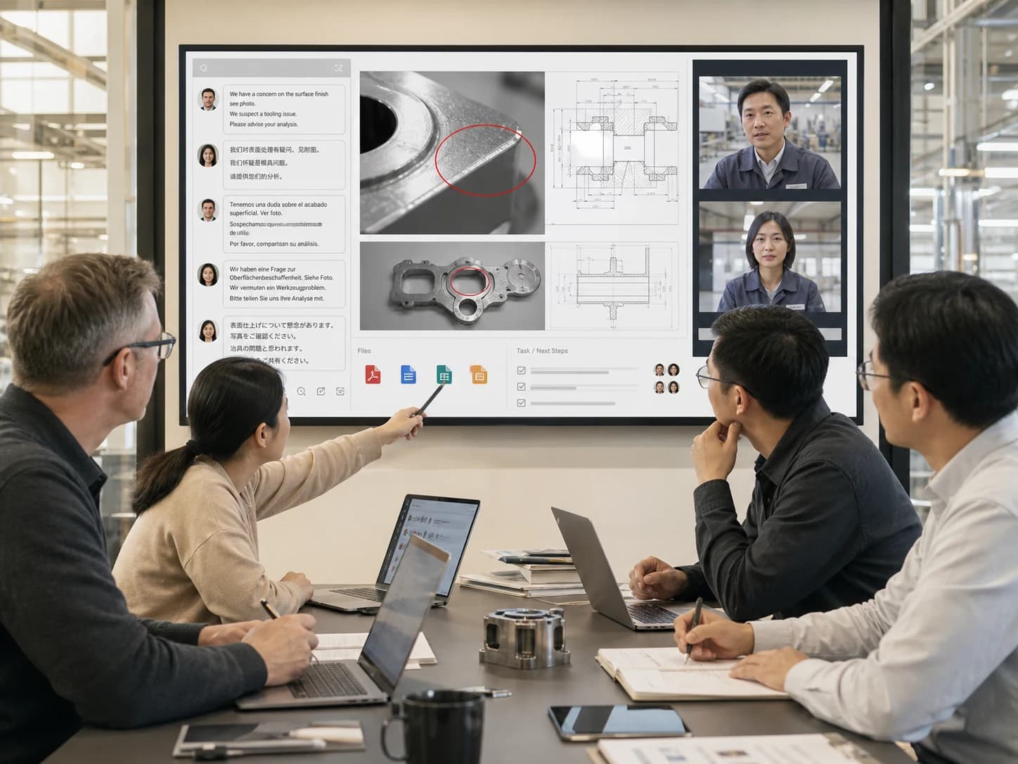 A supplier workspace with translated messages, photo evidence, and specification files