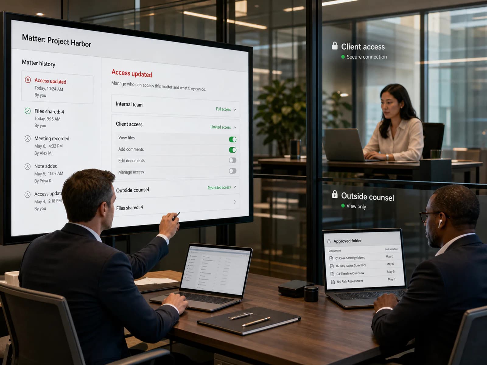 Attorney and client working in a controlled matter workspace